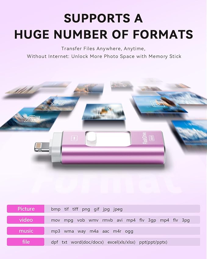 Apple MFi Certified 256GB Flash Drive for iPhone Thumb Drive Photo Stick, USB Memory Stick iPhone Flash Drive for Photos Videos, High Speed Jump Drive Compatible for iPhone/iPad/Android/PC (Purple)