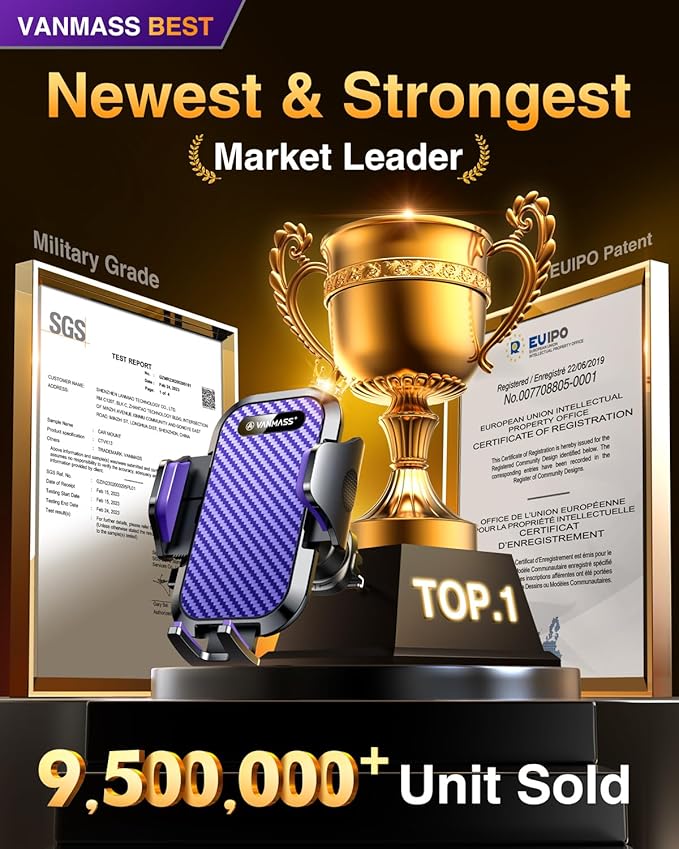 VANMASS Car Phone Holder Mount 2025 Upgraded [Patent Steel-Hook] Car Vent Phone Mount Clip Military-Grade Shockproof Cell Phone Car Mount Handsfree Truck Stand Vent Cradle for iPhone 16 Android,Purple