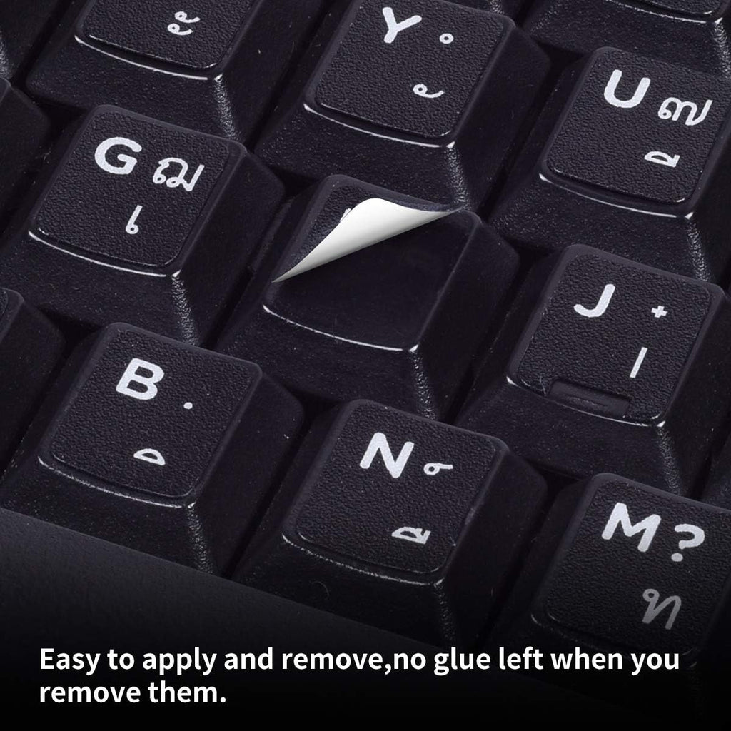 2PCS Thai-English Keyboard Letters Replacement Stickers - White Font on Black Background for Computer, Laptop, Notebook, Desktop - Matte Vinyl Alphabet Stickers