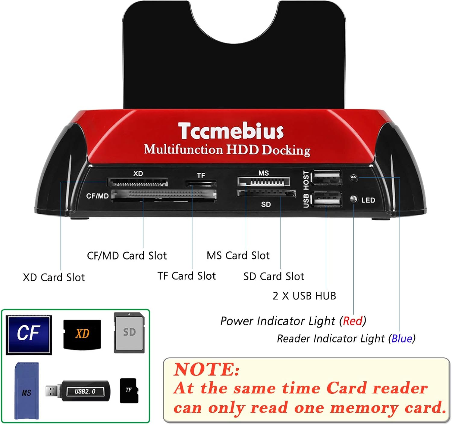 Hard Drive Docking Station, TCC-S862-US USB 2.0 to 2.5 3.5 Inch SATA IDE Dual Slots External Enclosure with All in 1 Card Reader and USB 2.0 Hub for 2.5" 3.5" IDE SATA I/II/III HDD SSD