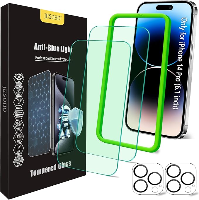 Blue Light Screen Protector for iPhone 14 Pro (6.1")*2 Pack + 2 Pack Camera Lens Protector,Eye Protection,HD Blue Light Blocking Tempered Glass Film, No Bubble, with Easy Installation Kit