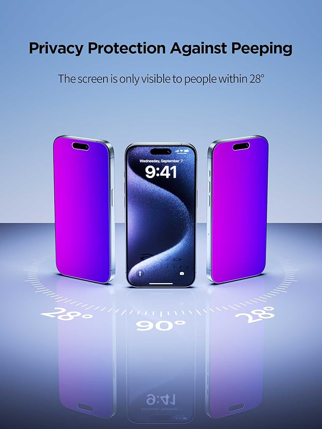Compatible for iPhone 16 Plus Privacy Screen Protector Tempered Glass 6.7 Inch, Purple Gradient Anti Spy Anti Blue Light HD Easy Installation