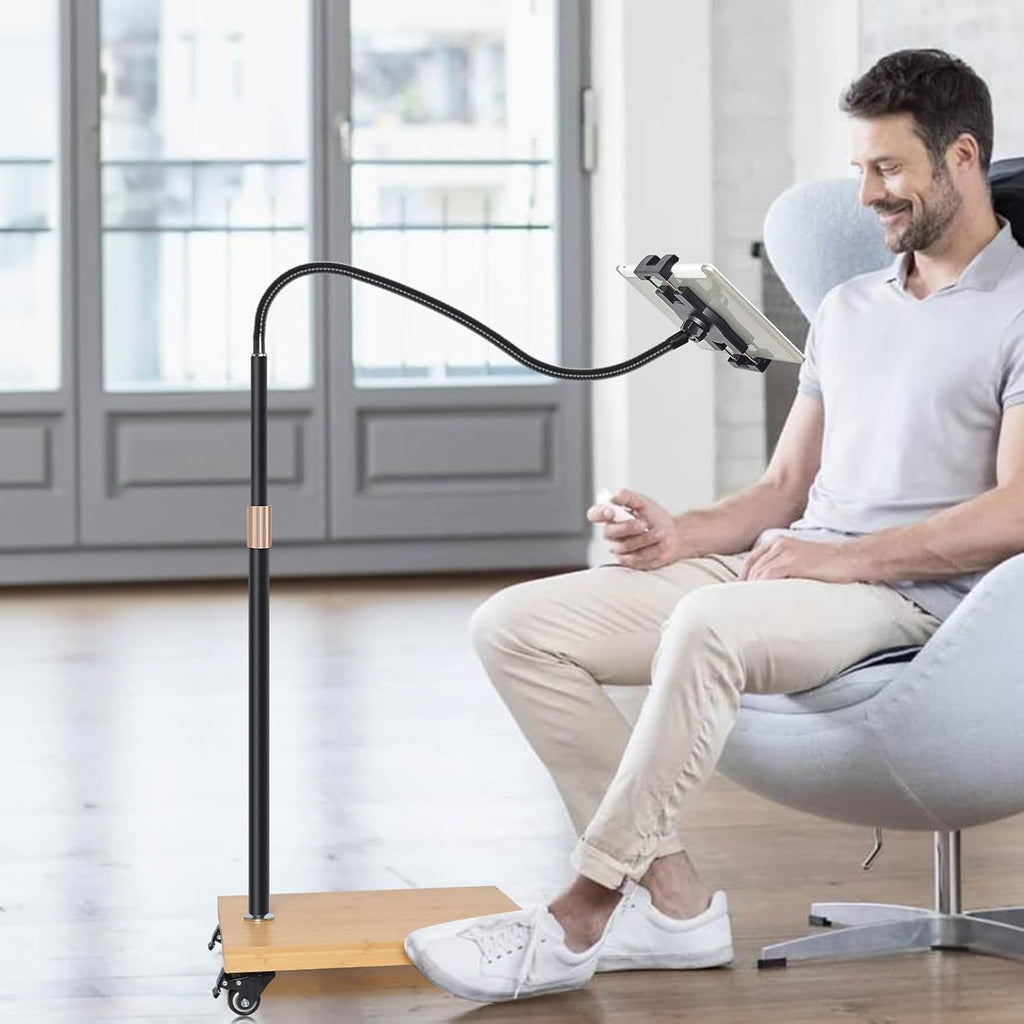 wishacc Tablet Floor Stand with Adjustable Gooseneck Mount, Swivels and Wheels for Bedside, Compatible with iPad, Galaxy Tab, Kindle and Phones