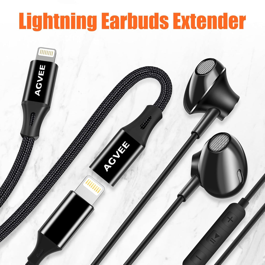 AGVEE 1ft Lightning Extension Cable, Braided Female to Male Extender Full Function Cord Compatible with iPhone iPad, Data Sync Video Audio & Charging Connector Adapter, Black