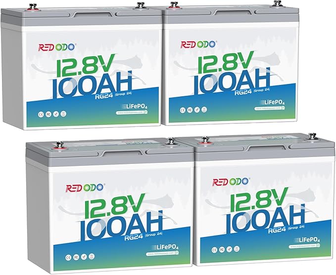 Redodo 12V 100Ah LiFePO4 Battery Group24, 25% Smaller Size, 1280Wh Energy with 100A BMS, 15000+ Cycles, Lightweight Lithium Deep Cycle Battery for RV, Camping, Trolling Motor, Home Storage 4 Pack