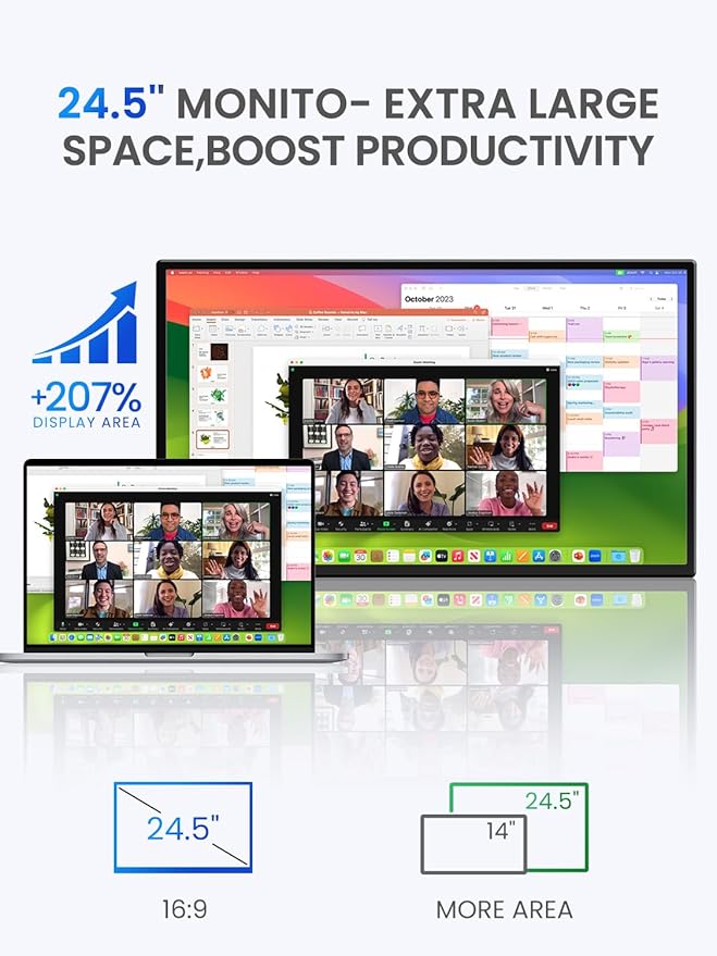UPERFECT 24.5" Portable Gaming Monitor, 2K QHD 2560×1440, 165Hz USB-C, 144Hz HDMI, 1ms, FreeSync HDR IPS, Dual Speakers, VESA Mount, Adjustable Stand, Travel Second Screen for Laptop/MacBook/Switch