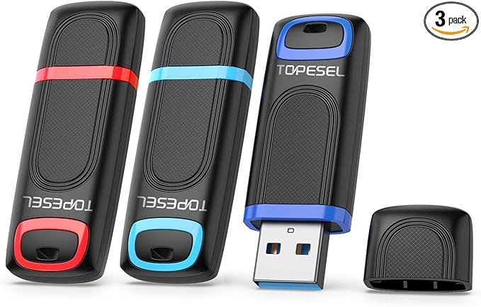 TOPESEL 128GB Flash Drive 3 Pack, USB 3.0 Thumb Drives High Speed Memory Stick Jump Drive Zip Drive for Data Storage and Backup (Three Mixed Colors: Red Blue Cyan)