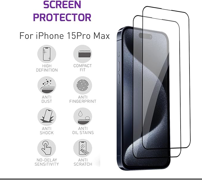 Screen Protector Tempered Glass Compatible with Apple iPhone 15 Pro Max (2 Pack)