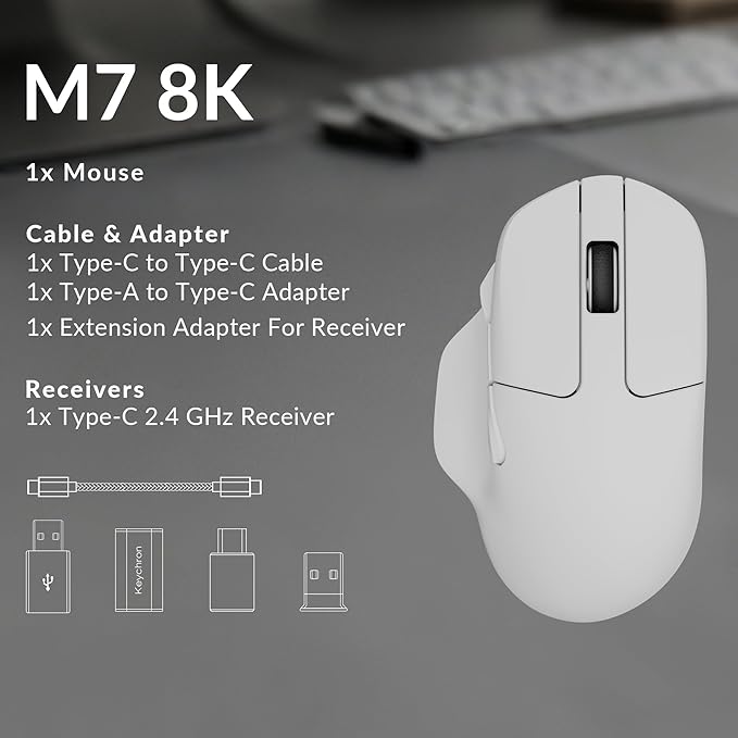 Keychron M7 8K Wireless Mouse, 30K DPI Optical Computer Mice, 2.4 GHz/Bluetooth/Wired with Macro Button 66g Lightweight Ergonomic, Up to 140 Hours Worktime for Laptop macOS/Windows - White