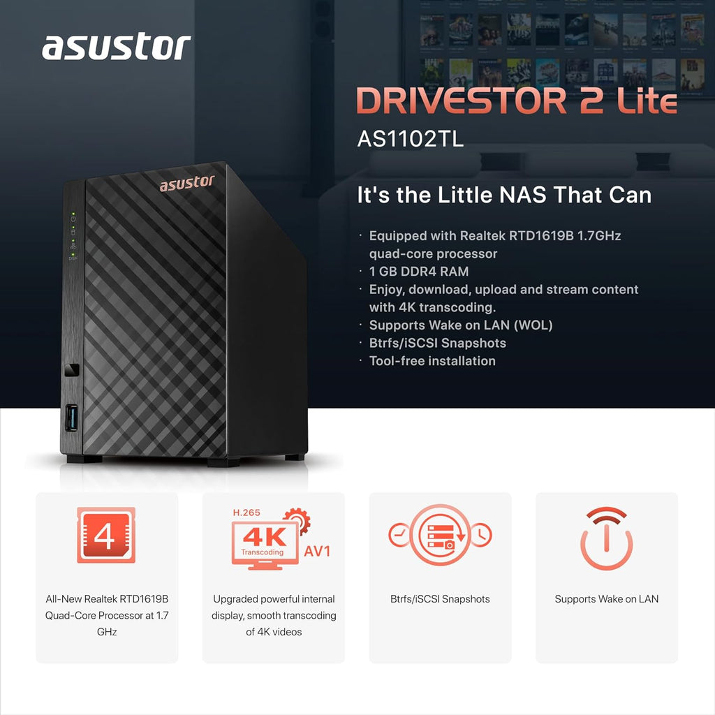 Asustor Drivestor 2 Lite AS1102TL, 2 Bay NAS, 1.7GHz Quad Core, 1GbE Port, 1GB RAM DDR4, Personal Private Cloud, Backup for Home & Small Office, Network Attached Storage(Diskless)