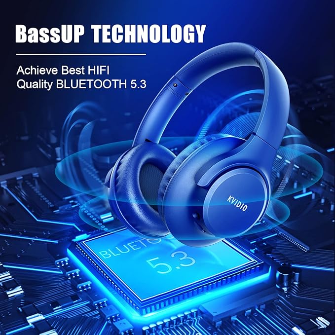 KVIDIO Bluetooth Headphones Over Ear, 65 Hours Playtime Wireless Headphones with Microphone, Foldable Lightweight Headset with Deep Bass, HiFi Stereo Sound Low Latency for Travel Work Cellphone