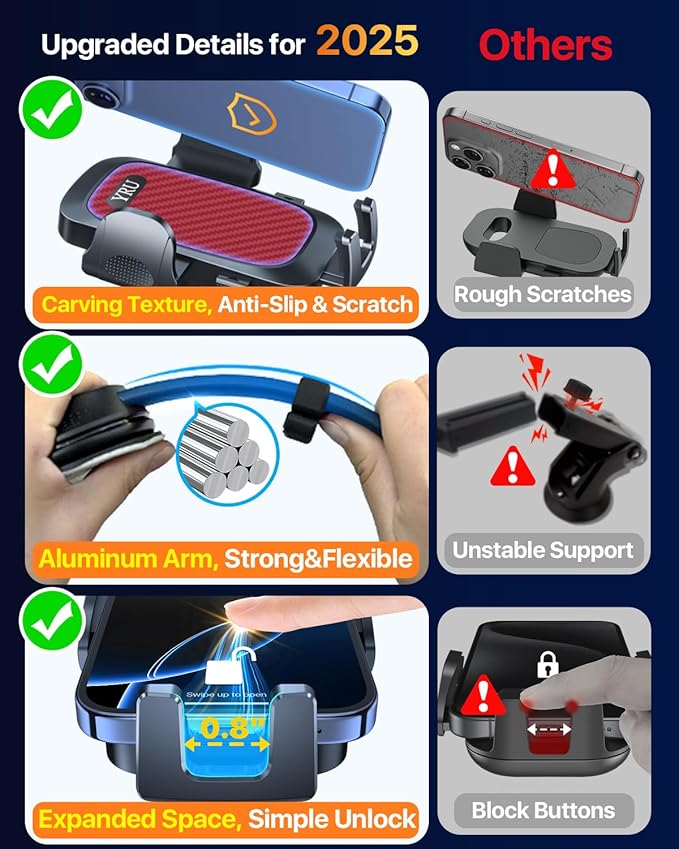 YRU [2025 Ultimate Car Phone Holder [Bendable & Adjustable Aluminum Arm] Cell Phone Automobile Cradles Dashboard Windshield Pickup Truck Phone Mount for iPhone 16 15 14 13 Pro Max Samsung,Tomato Red
