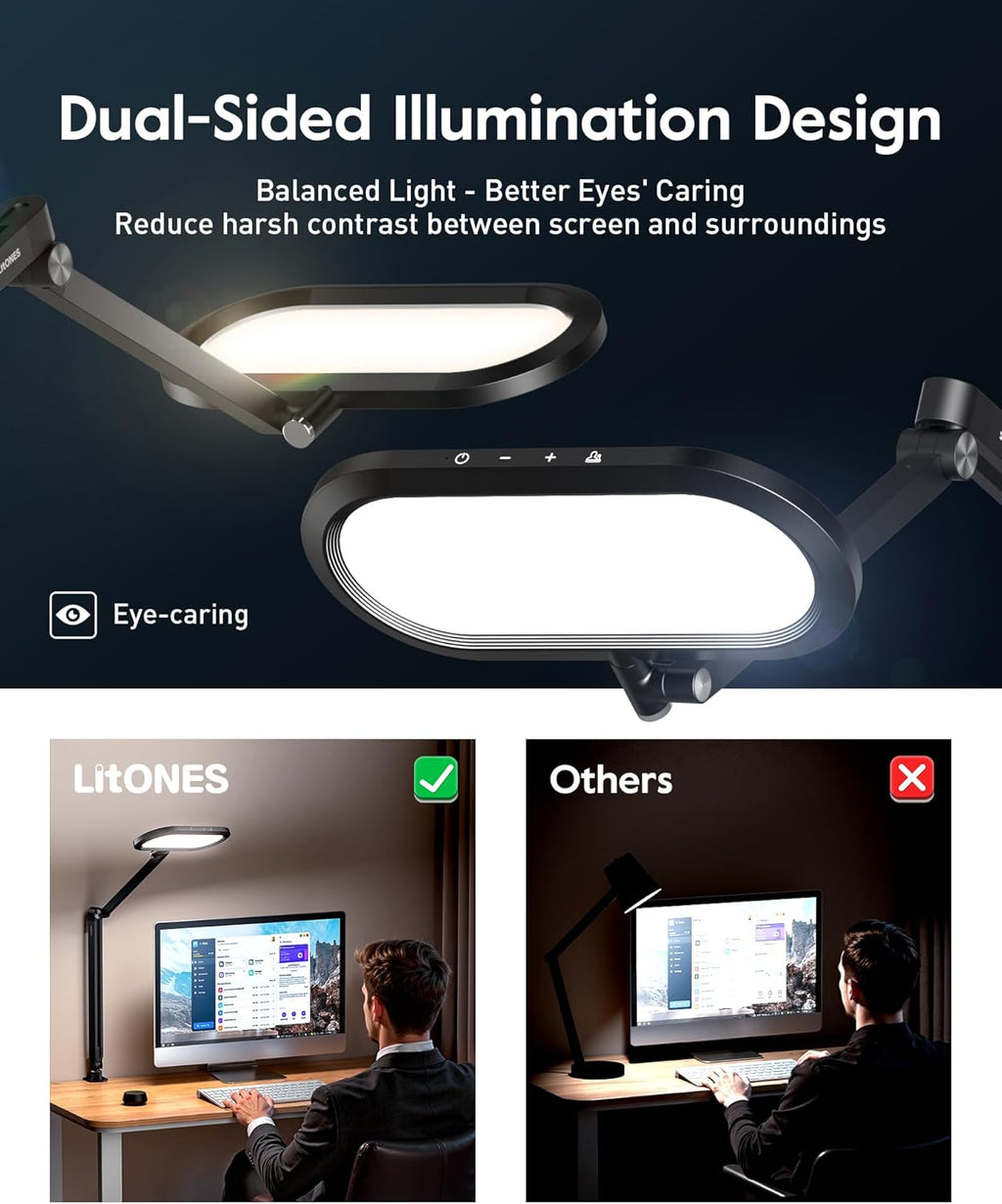 Desk Lamp for Home Office, Eye-Care Dual-Sided Seamless Dimmable LED Desk Light with Knob Remote, Adjustable Arm Clamp Computer Lighting for Video Conference Recording, Zoom Call, Task, Stream