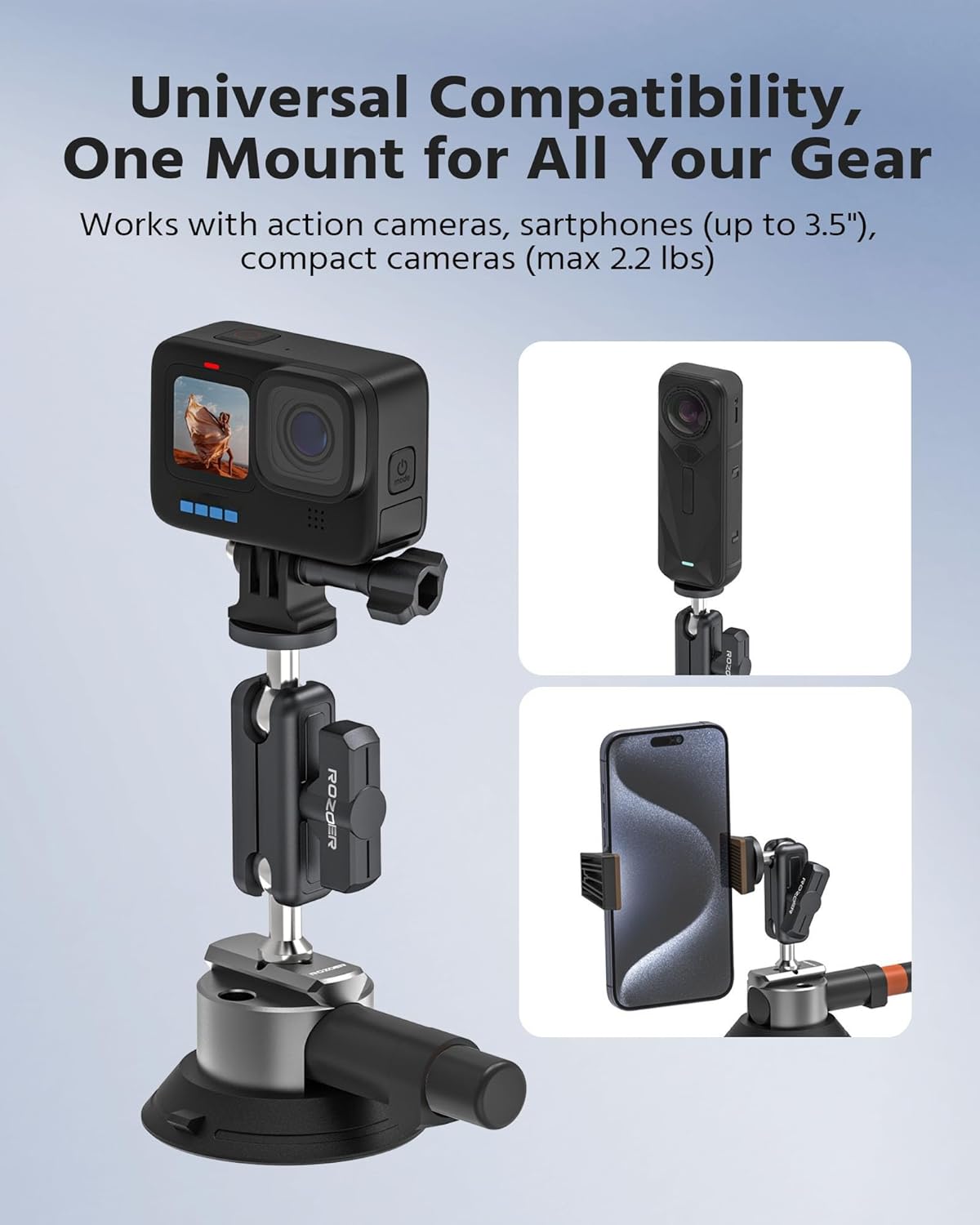 3" Suction Cup Mount Kit for Action Cams/Phone/360 Camera/DSLR Comes with Adapter for GoPro, Phone Clip, 3.84" Universal Magic Arm