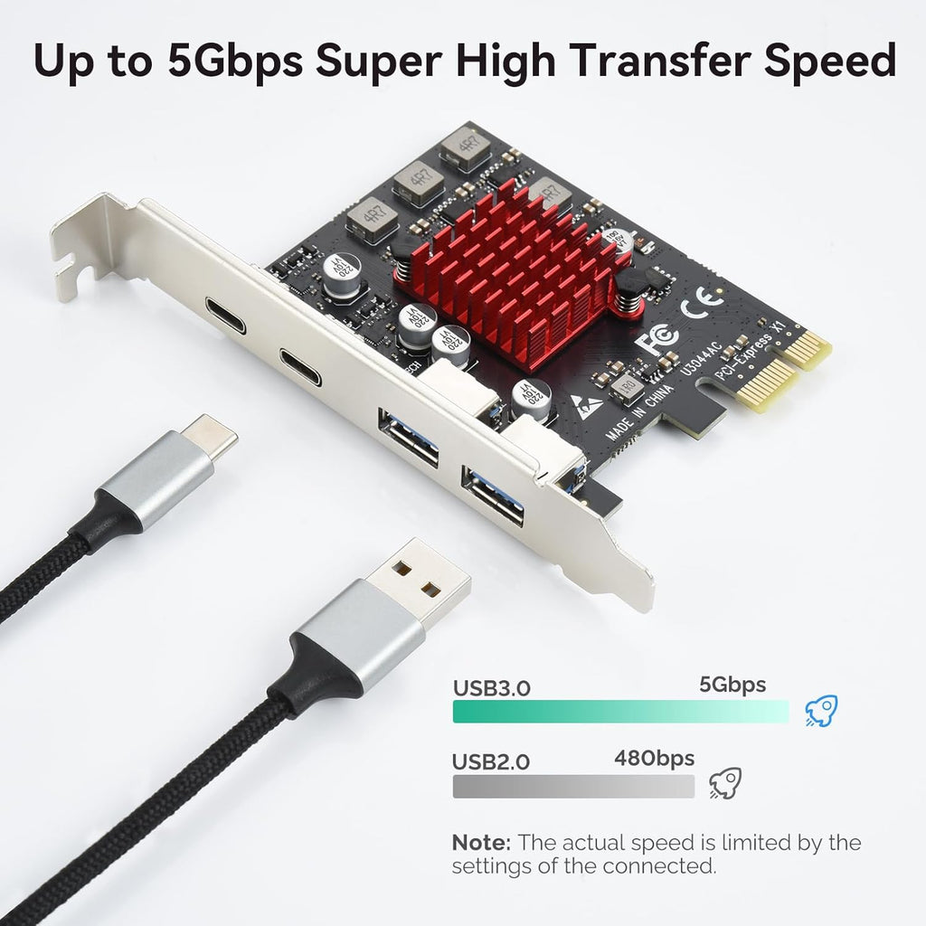 ELUTENG 4 Ports USB 3.1 PCIE Expansion Card (2 USB-A & 2 Type-C Ports) Superspeed PCI Express Expansion Card USB Card for Desktop PC Support Windows 11/10/8/7/XP/Vista, Self-Powered Supply
