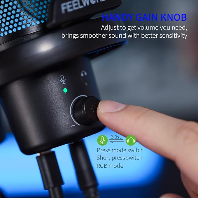 FEELWORLD VM1 Gaming PC USB Microphone Condenser Mic with Noise Cancellation Mute RGB Light, Computer Accessories Gifts for Gamer YouTube Twitch Podcast Streaming Recording Online Chat PS4 PS5