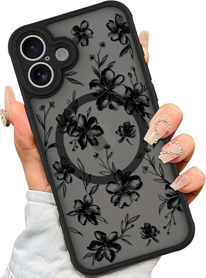 AIGOMARA Case for iPhone 16 [Compatible with MagSafe] Ink Flower Floral Pattern Design for Women Girls Soft TPU Bumper Hard PC Back Anti-Fall Shockproof Protective Slim Magnetic Cover