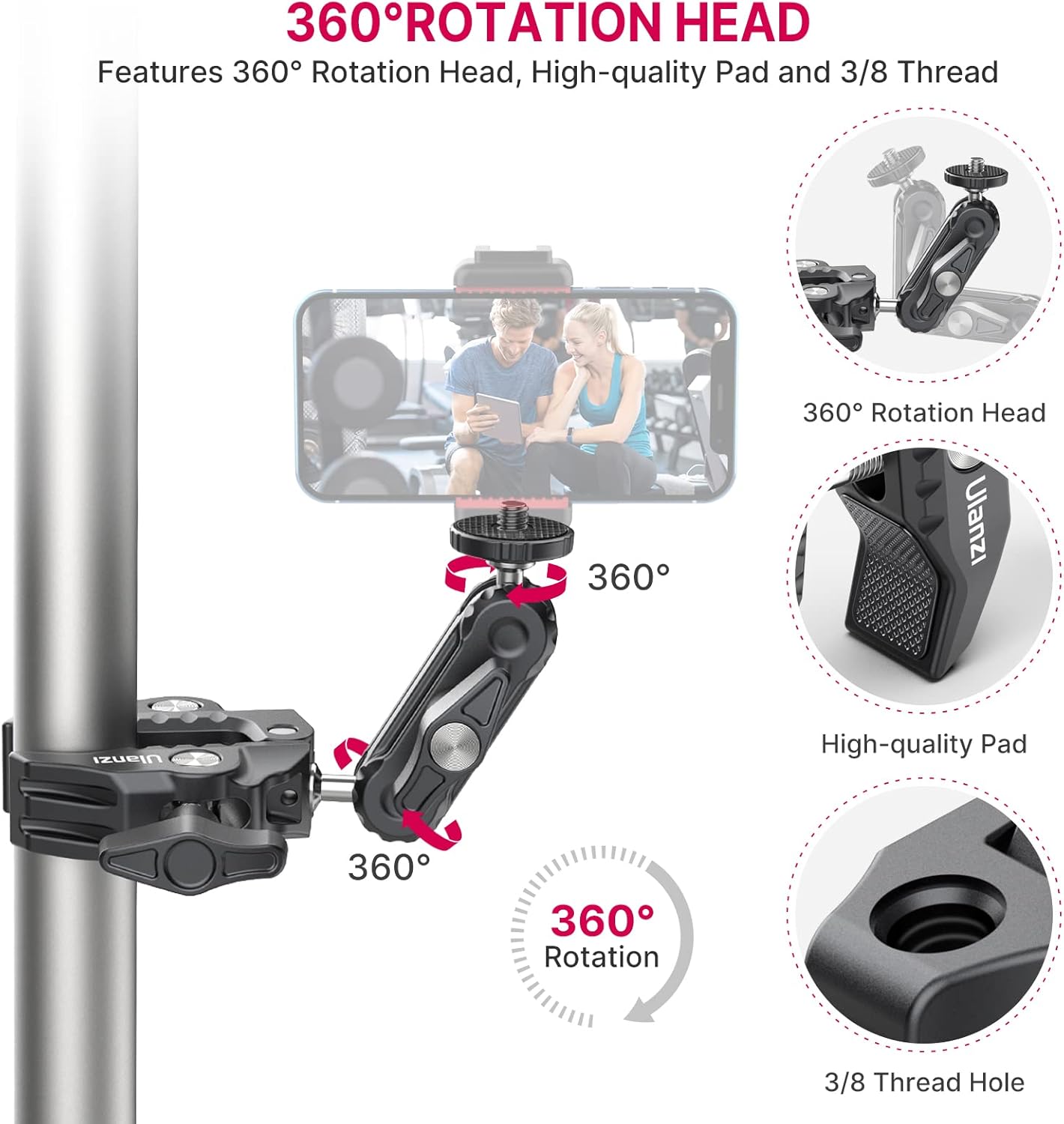 ULANZI Super Clamp Camera Clamp Mount Monitor 360° Ballhead Magic Arm Double Ball Head Adapter with 1/4"-20 & 3/8"-16 Thread ST-07 Phone Tripod Mount