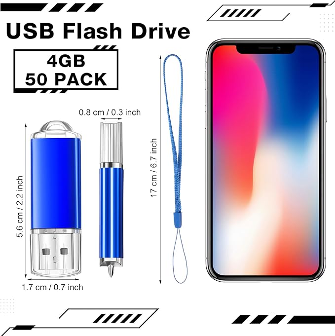 Hoteam 50 Pack USB 2.0 Flash Drives Bulk Blue Portable Thumb Drive with Hat USB Sticks Bulk with 50 Pcs Lanyards for Data Storage File Sharing Commercial Gift(4GB)