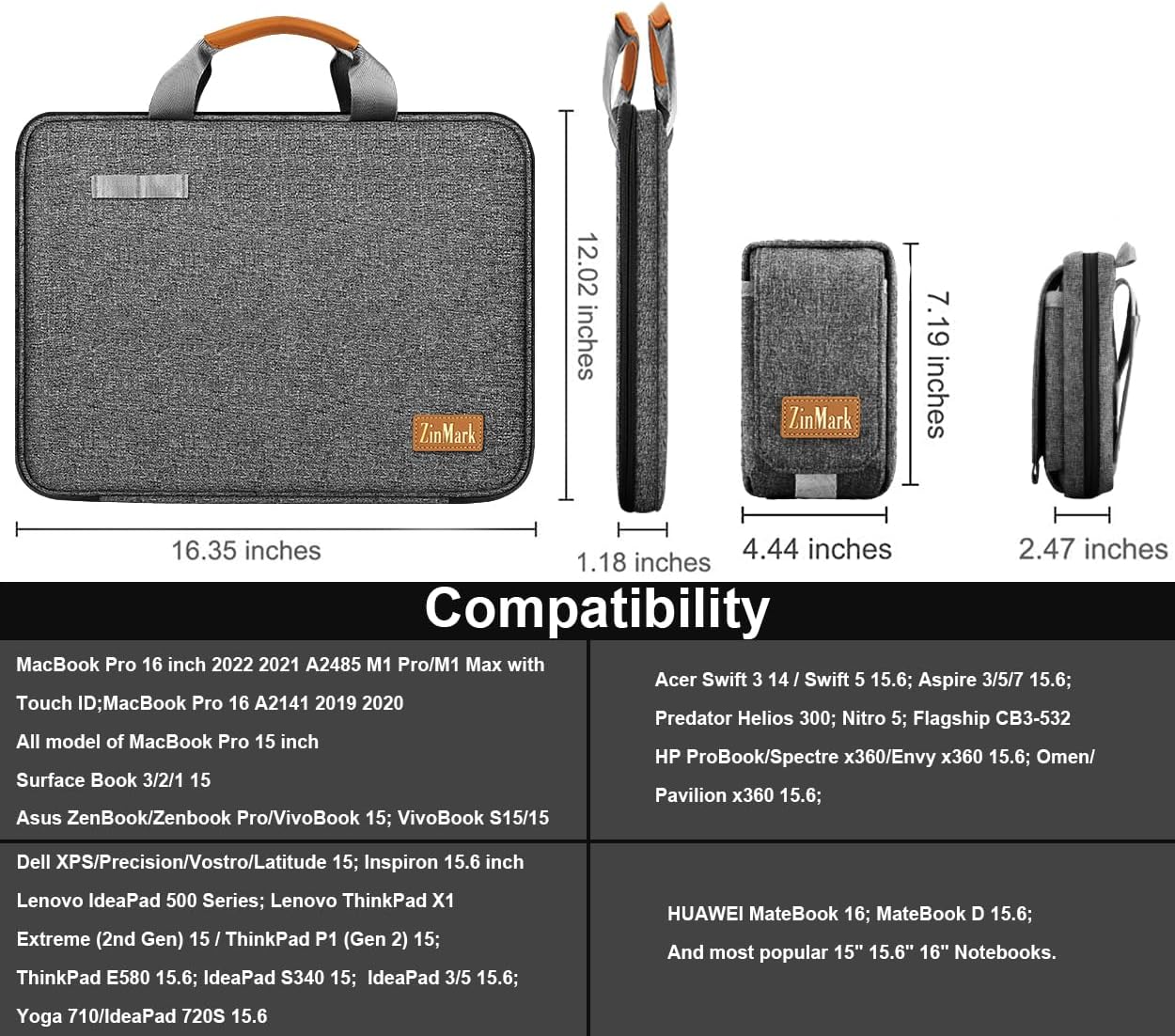 Laptop Case 15.6 Inch Briefcase Military-Grade Protection with Detachable Belt Bag, Compatible All Model of 15-16 Inch MacBook Pro and Most Popular 15.6 Inch Notebooks Chromebooks (Gray Black)