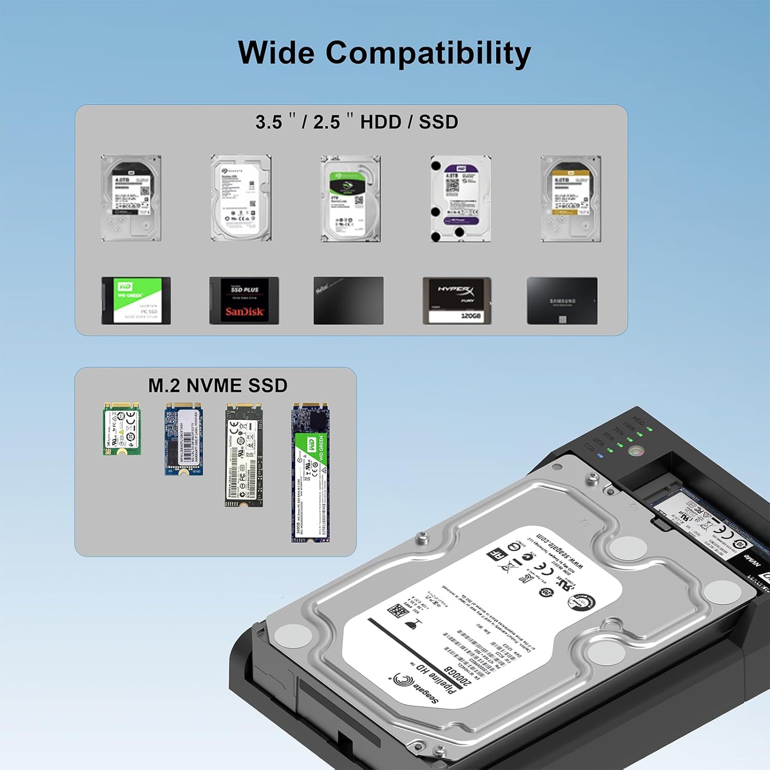 Dual-Bay Docking Station M.2 NVME & SATA SSD Enclosure with Offline Clone, USB-C 10Gbps, Tool-Free Design for Windows/Mac/Linux