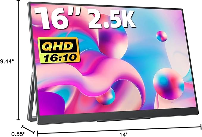 Portable Gaming Monitor 16 Inch QHD 2.5K 2560X1600 16:10 100 Hz 100% sRGB 10 Bit Travel Monitor for MacBook, Laptop, PC, Surface, Game Console, VESA Compatible, with Kickstand & Sleeve