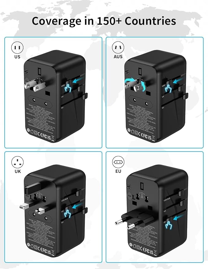MOMAX Universal Travel Adapter, 100W Fast GaN International Power Adapter, 2PD USB-C+2QC USB-A Travel Adapter, US, UK, EU, AU Travel Adapter Worldwide for Laptops, Tablets, Phones, Vision Pro