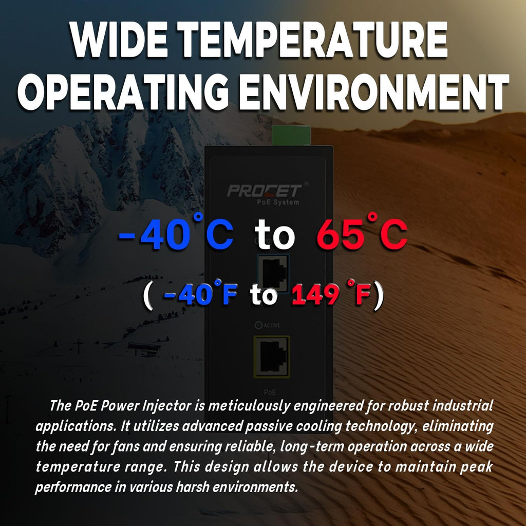 PROCET 10 Gbps Gigabit PoE++ Injector Din Rail, 60W Industrial Adapter with Wide Temp -40°F to 149°F, 6KV Surge Protection, AC/DC Input, IEEE802.3af/802.3at/802.3bt, PT-PSE105GB-AC-10