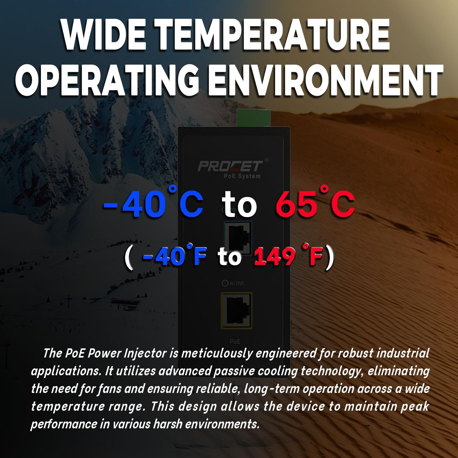 PROCET 10 Gbps Gigabit PoE+ Injector Din Rail, 30W Industrial PoE Adapter with Wide Temp -40°F to 149°F, 6KV Surge Protection, AC/DC Input, IEEE802.3af/802.3at, PT-PSE105G-AC-10