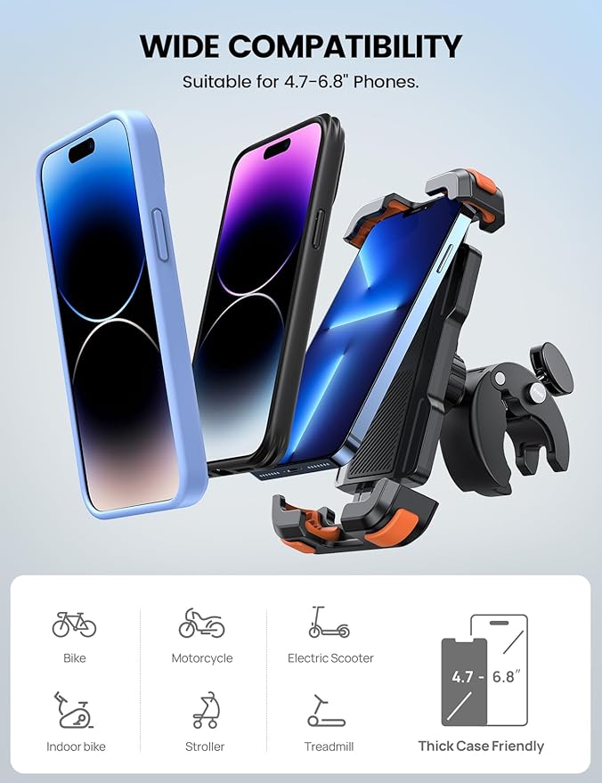 Lamicall Motorcycle Phone Mount, Bike Phone Holder - Upgrade Quick Install Handlebar Clip for Bicycle Scooter, Cell Phone Clamp for iPhone 15 14 13 Pro Max, Galaxy S23 and More 4.7-6.8" Phone, Orange
