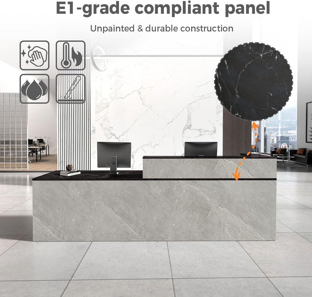 Reception Desk with Counter, Modern Front Desk Reception Counter with Keyboard Tray, Lockable Drawer and Storage Shelves for Office, Retail, Salon (Gray+Black/Left, 79" L*24" W*39" H)