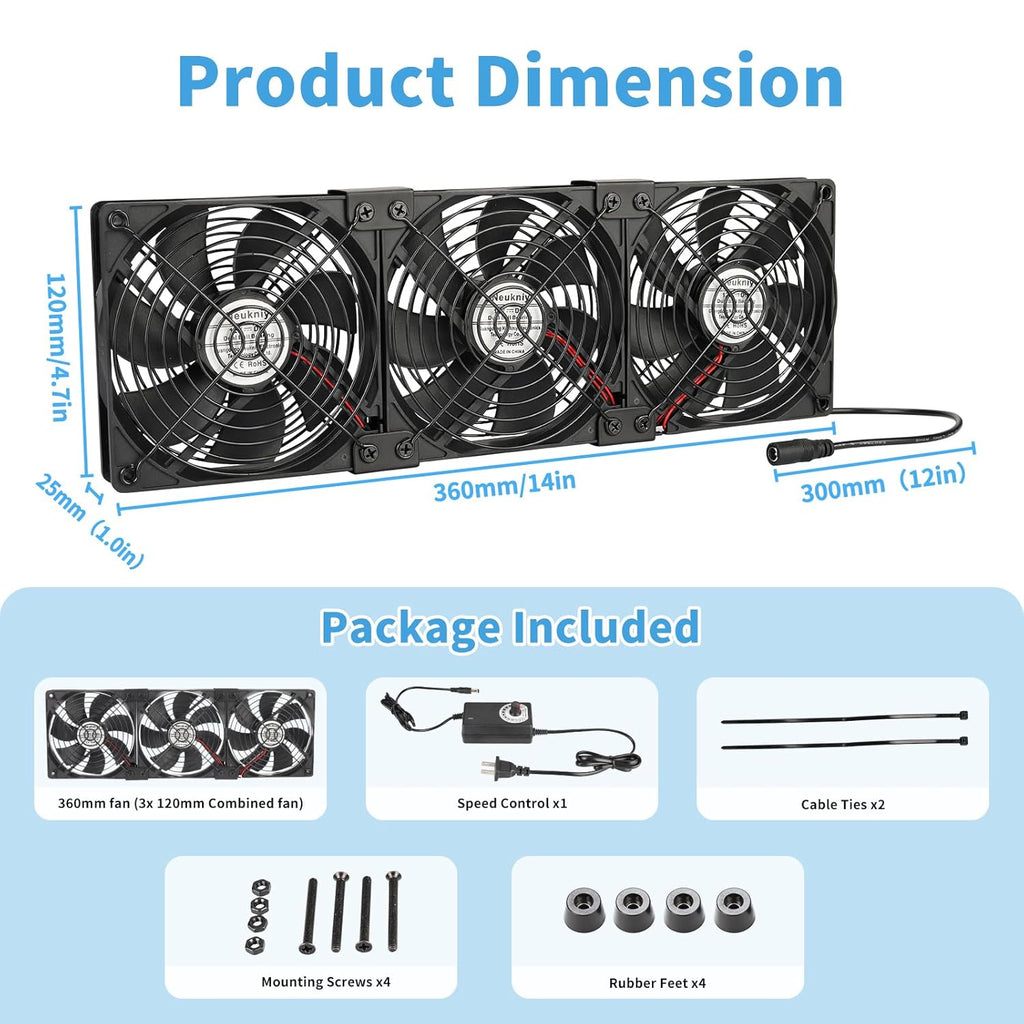 3X 120mm Computer Fan with AC Plug, AC 110V 120V 220V 240V Cabinet Cooling Fan with Speed Controller, Cooling for Windows, Plant Cabinet, Crawl Space, Basement, Laundry Room, Garage, Attic