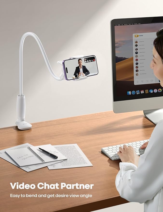 Lamicall Gooseneck Phone Holder for Bed - 360 Adjustable Clamp Clip, Overhead Cell Phone Mount Stand for Desk, Compatible with All Cellphone, White