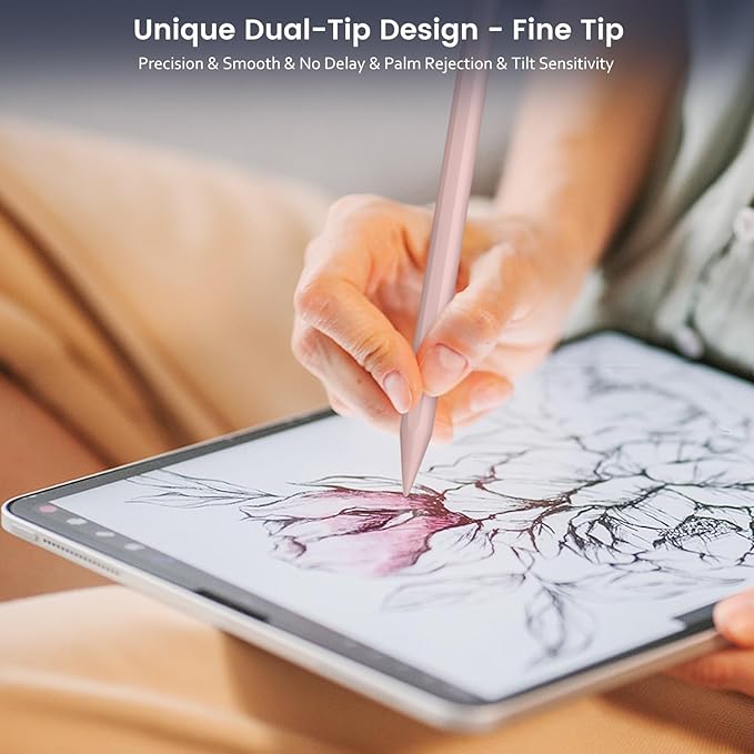 Stylus Pen for iPad, Dual-Tip 13 mins Fast Charge Pencil for Apple, Palm Rejection, Tilt Sensitivity, Compatible w/iPad 6/7/8/9/10, Pro 11/12.9in/M4, Air 3/4/5/M2, Mini 5/6 - Pink