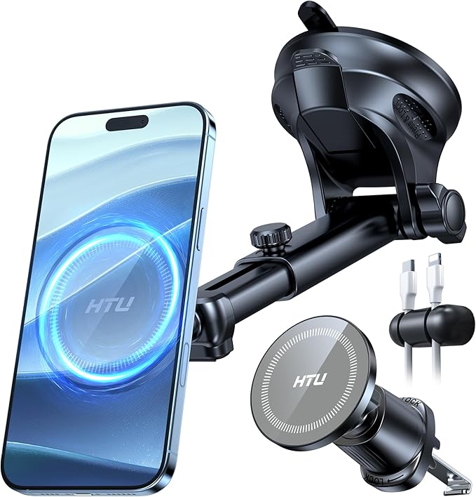 HTU for MagSafe Car Phone Mount Magnetic Phone Holder for Windshield Vent Dashboard Magnetic Suction Phone Mount for iPhone 16/15/14/13/12 & Android (Neutral Gray)