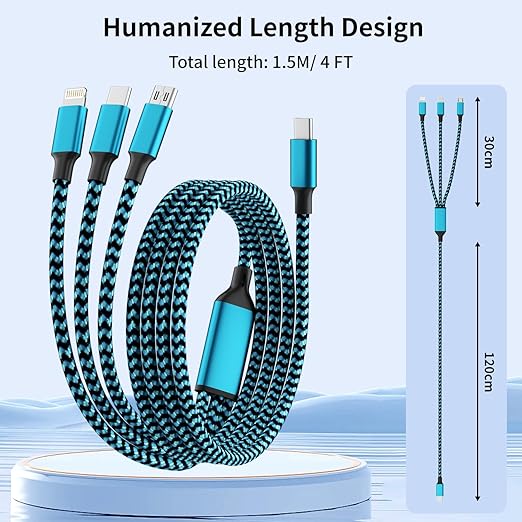 100W USB C Multi Charging Cable,3 in 1 USB C Cable Fast Charging with E-Mark Chip,Universal Charging Cable with Type-C, Micro USB,IP Port for iPhone16/15/Cell Phones and More