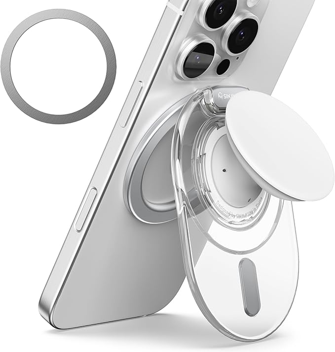 Sinjimoru Phone Grip Stand, Compatible with MagSafe, Adaptor Ring Included, 3000G Kickstand for iPhone 16/15/14/13/12. M-Tap Tok Stand Clear White