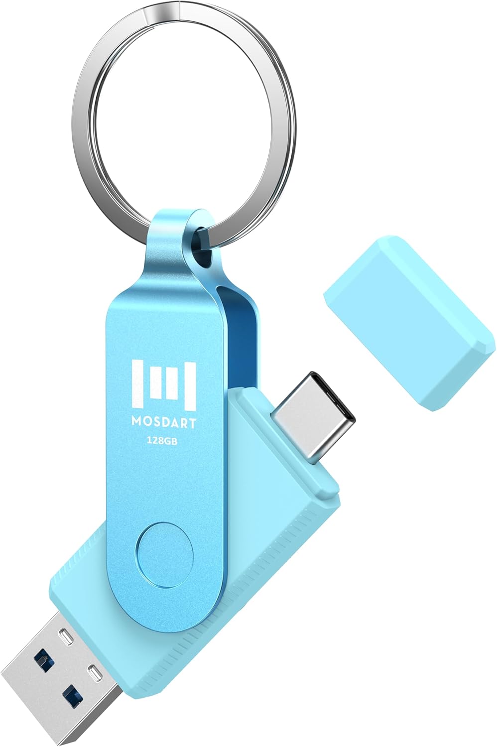 MOSDART 128GB USB3.1 Fast Speed C and A Dual Flash Drive, exFAT Memory Stick with Keychain and LED Indicator, for iPhone 15 and 16, Android Phone, iPad, MacBook, and Other Laptops, Sky Blue