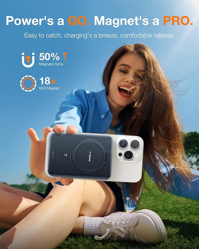 TORRAS 10000mAh Magnetic Portable Charger Power Bank for iPhone, Fast Charging Travel Essential Wireless Battery Pack Slim with OStand Compatible with Magsafe, 16 Pro Max,Pro,15,14,13,12, Black