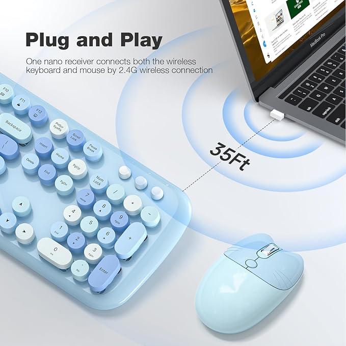 KNOWSQT Wireless Keyboard and Mouse Combo Pale Blue - Colorful 104 Key 2.4G Round Keycap Typewriter Keyboards, USB Dongle Plug and Play, for Laptop, Windows, PC, Computer, Desktop