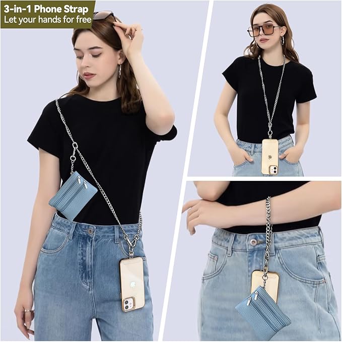 Clip and Go Strap for Phone Silver Metal Chain with Blue Pouch Wallet Crossbody Phone Lanyard for Women with Cell Phone Stand Holder 2 Patches Tether Adjustable Anti Theft for iPhone 16 15 All Phones