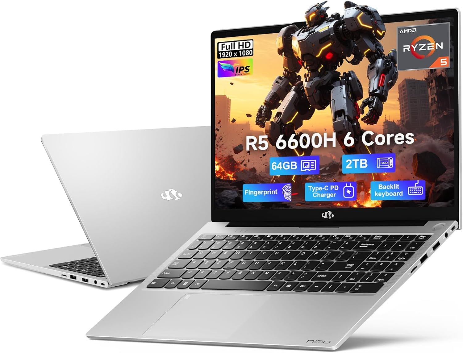 NIMO 15.6" IPS FHD-Gaming-Laptop, AMD Ryzen 5 6600H 6-Cores 660M GPU 64GB DDR5 RAM 2TB SSD(Beat i7-1165G7, Up to 4.5GHz) Computer with 100W GaN Type C Fingerprint Backlit Keyboard Win 11