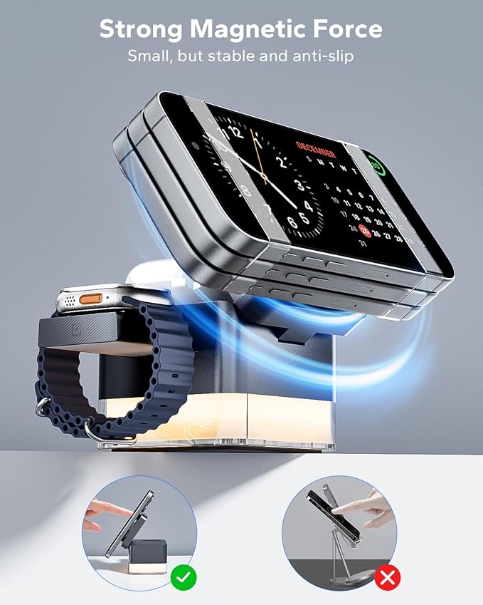 KPON for iPhone Nightstand Charging Station,15W 3 in 1 Wireless Phone Charger Stand with Night Lamp, Travel Foldable Magnetic Cube Magsafe Dock for iPhone 16 15 14 13 12 Series/Apple Watch/Airpods