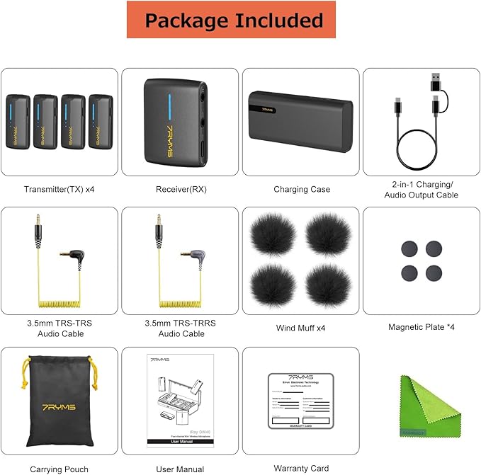 7RYMS iRay DW40 Wireless Lavalier Microphone with Four Transmitters One Charging Case Support AI Denoise, 48kHz/24bit Recording for Video Vlog, Interview, Live Streaming, Podcasting-Black