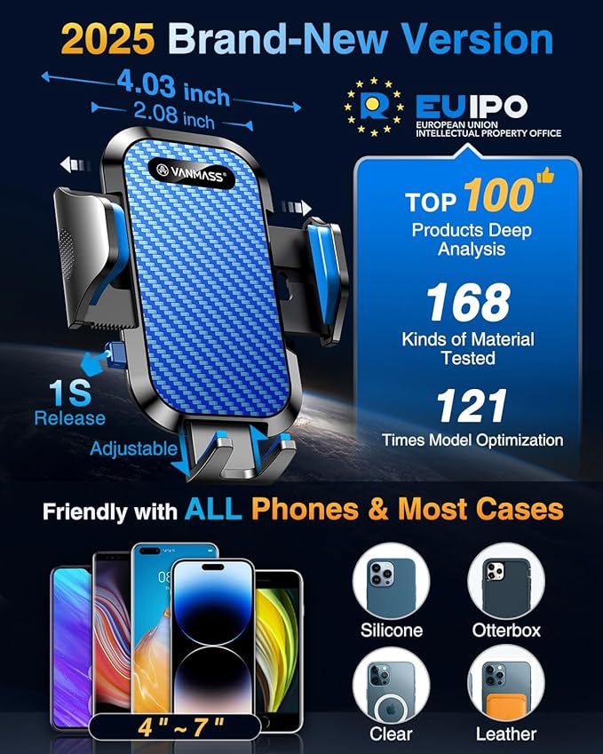 VANMASS Car Phone Holder Mount 2025 Upgraded [Patent Steel-Hook] Car Vent Phone Mount Clip Military-Grade Shockproof Cell Phone Car Mount Handsfree Truck Stand Vent Cradle for iPhone 16 Android,Blue