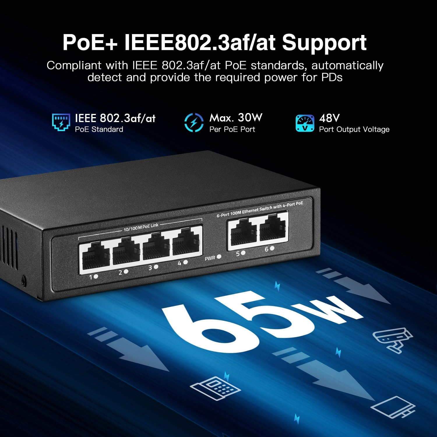 6 Port Mini PoE Switch with 4 PoE+, 2 Uplink, 10/100Mbps Ethernet, 65W 802.3af/at PoE, Fanless Metal Plug & Play PoE+ YuLinca Network Switch