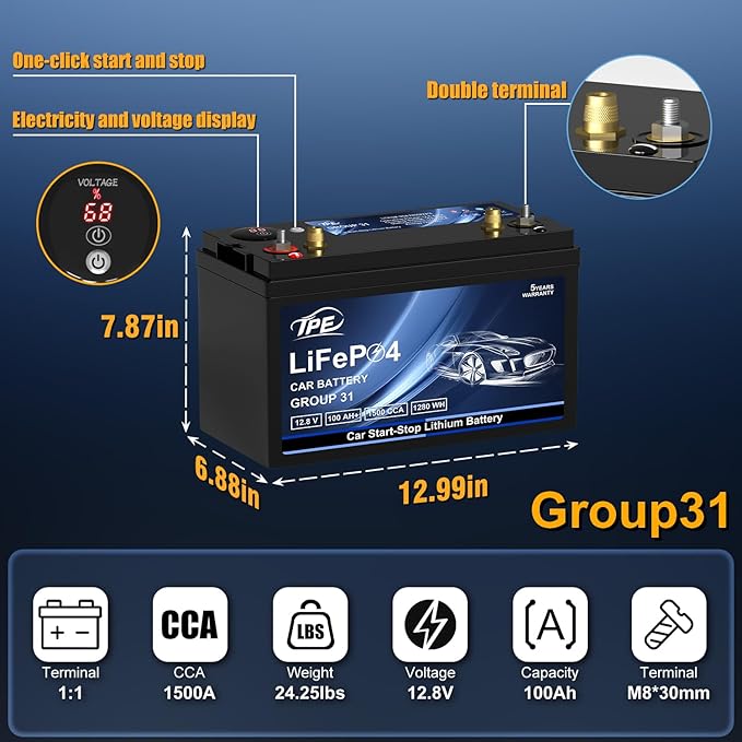 TPE BCI Group31 Car Start Stop System LiFePO4 Lithium-ion Battery 12.8V 100AH 1500A 1280WH Lightweight High Performance Battery Level Display Dual Port