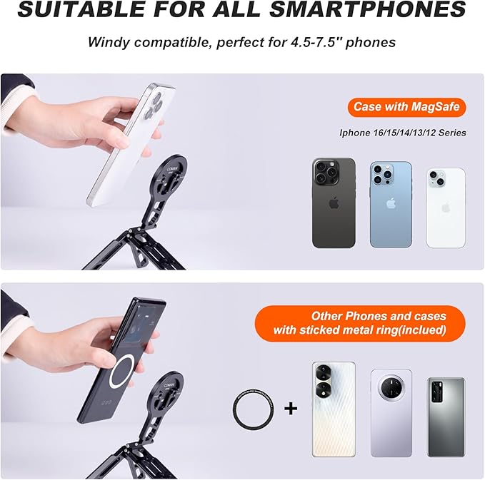 COMAN DP55 Magnetic Phone Tripod for iphone, Foldable Magnetic Mini Tripod Pocket Cell Phone Stand with Arca-Swiss, 1/4'' Screw Hole, Cold Shoe Mount, Compatible with Magsafe for iPhone 16/15/14/13/12