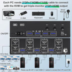 KVM Switch 3 Monitors 3 Computers 8K@60Hz, MLEEDA HDMI + 2* Displayport Triple Monitor KVM Switch,3 Monitor KVM with 4 USB 3.0 Ports for Keyboard Mouse Printer, Wired Remote and Power Adapter Included