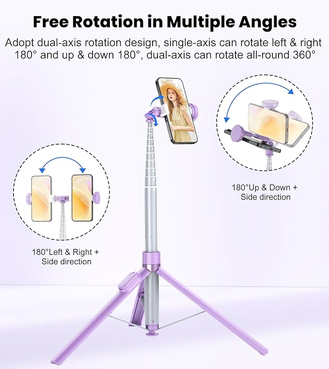 TONEOF 66" Automatic Tripod,Auto-Open Phone Tripod Stand with Magnetic Rechargable Remote,Selfie Stick Tripod 360° Vertical & Horizontal Rotatable,Stable Travel Tripod for iPhone/Android(Purple)